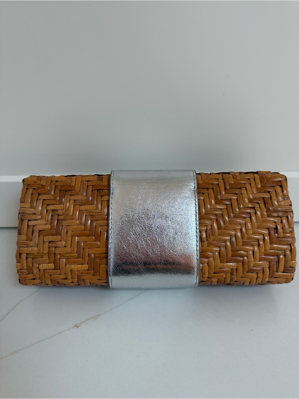 Tory Burch Rattan Woven Straw Clutch with Silver Metallic Accent - Picture 2 of 4